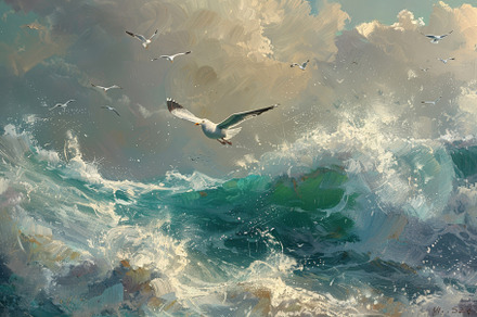 A seagull in flight above a crashing, a Photo by Iftikhar Alam