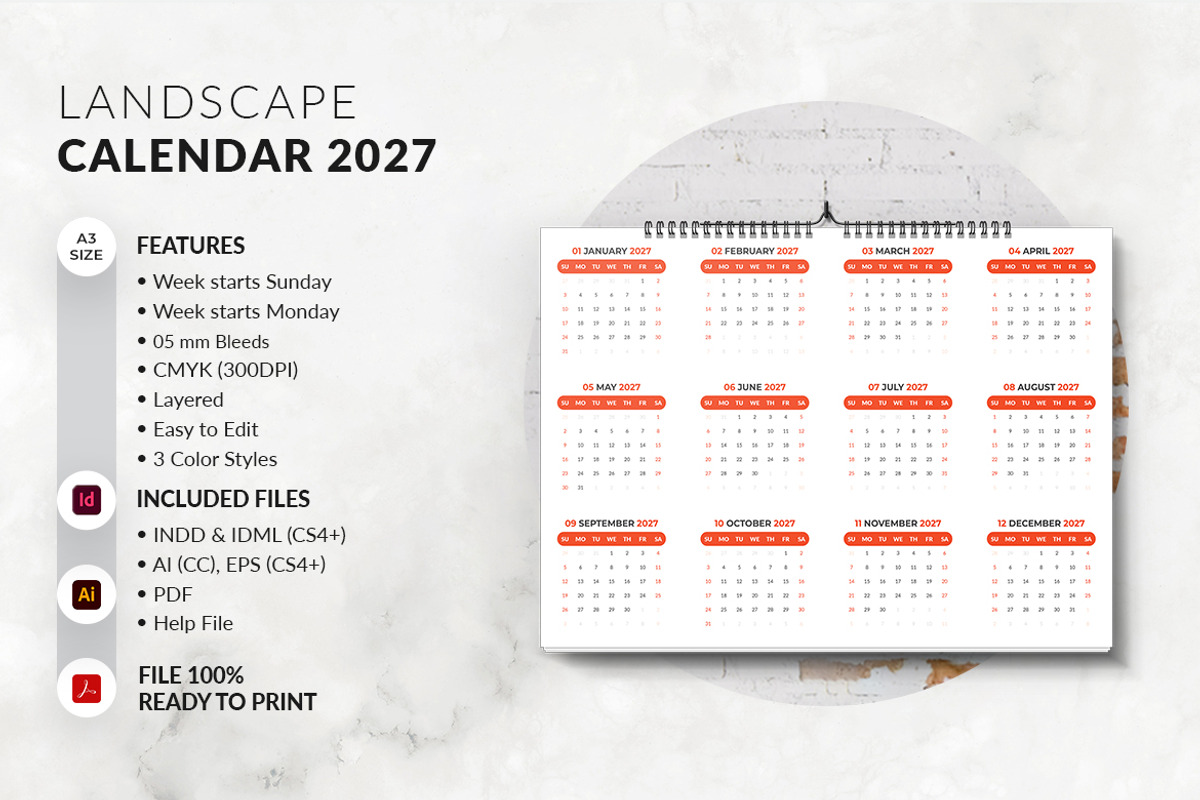 Landscape Calendar 2027 Template, a Stationery Template by MstArtwork (Photo 6 of 7)