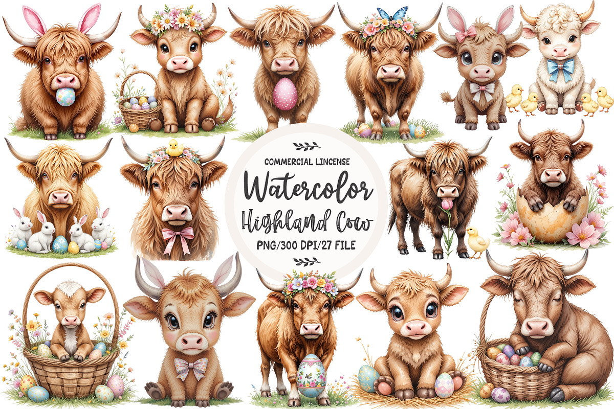 Easter Highland Cow Clipart, an Illustration by OK Design (Photo 1 of 5)