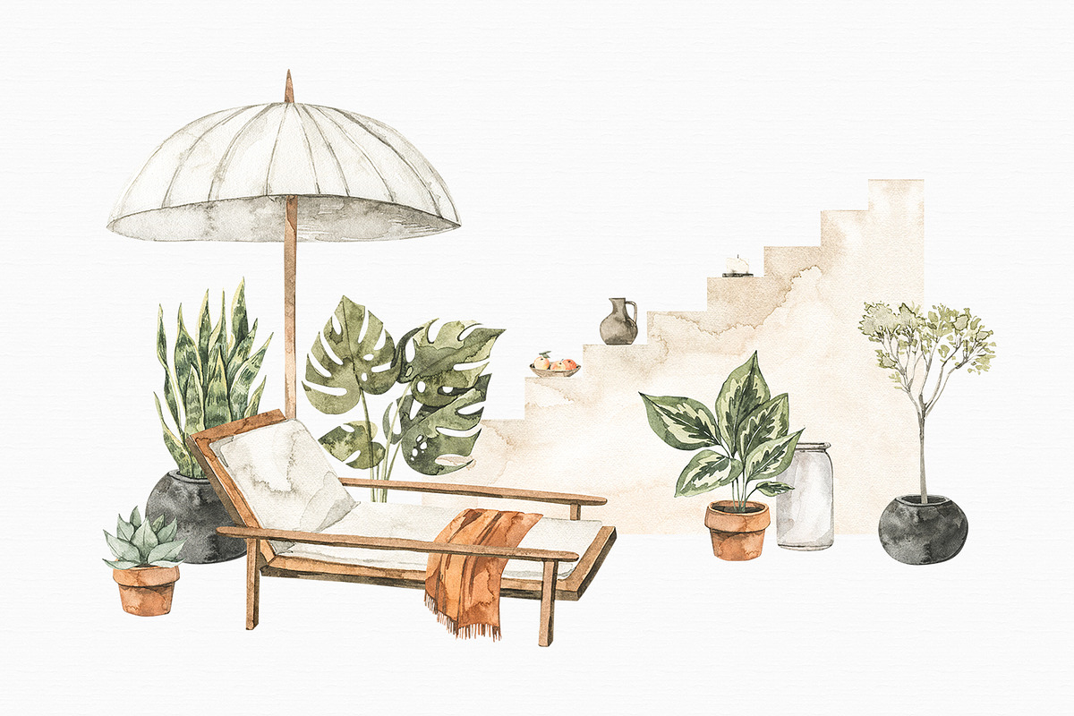 Watercolor Interior, decor & plants, a Decorative Illustration by Kate Macate (Photo 4 of 10)