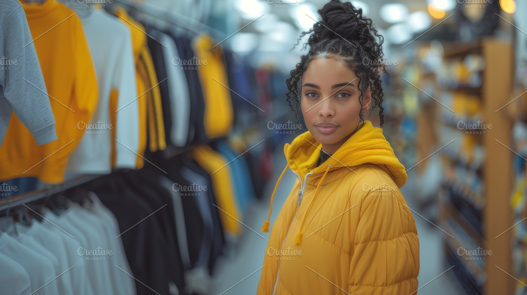 Stylish African American Woman Shopping in Sportswear Store, Wearing a Bright Y, a Photo by AS photostudio