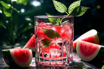 Fresh tropical cocktail with watermelon and ice with tropical trees and plants, a Food & Drink Photo by Natalia Klenova's Shop