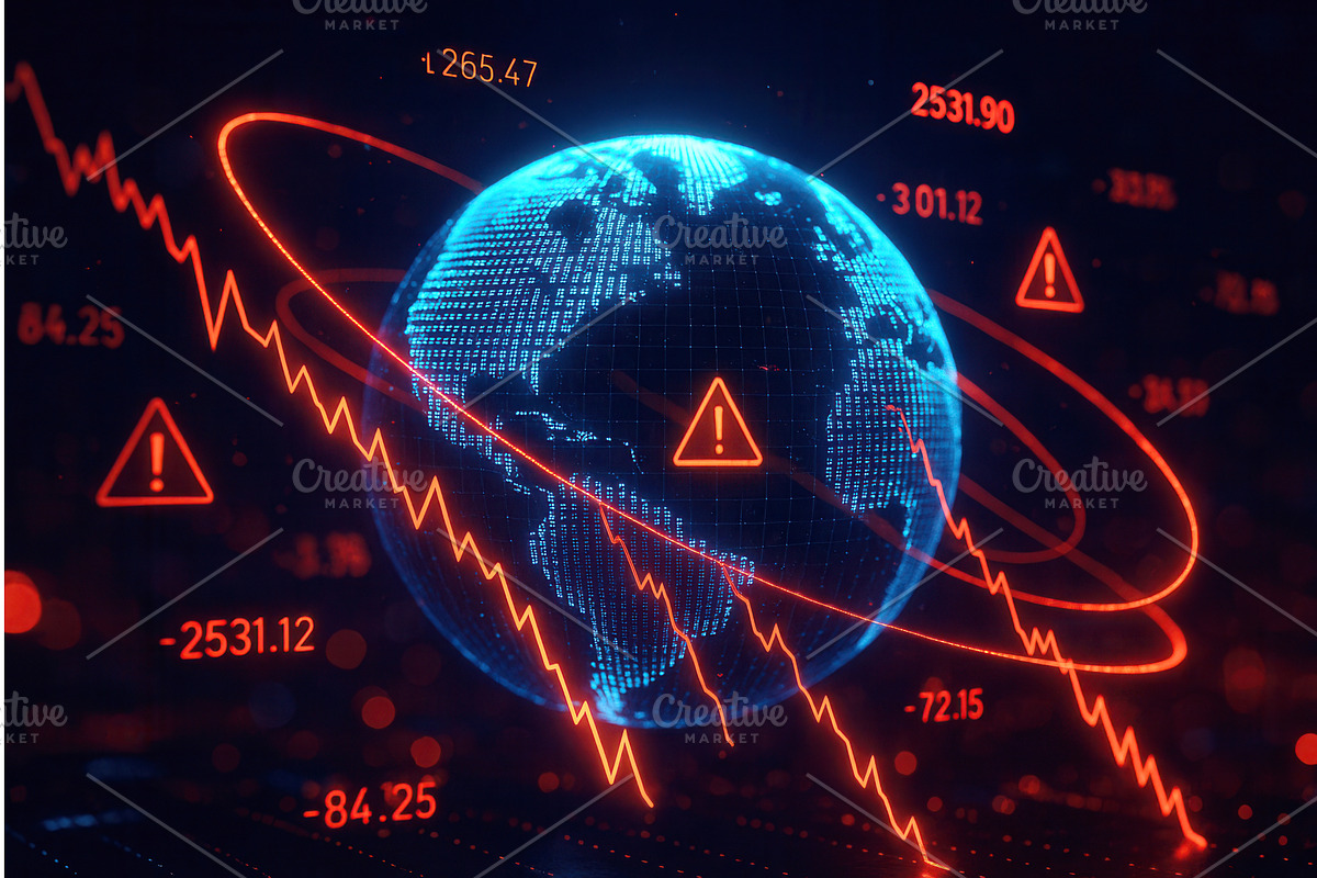 A digital globe surrounded by red, a Finance Illustration by Sergey Kotenev