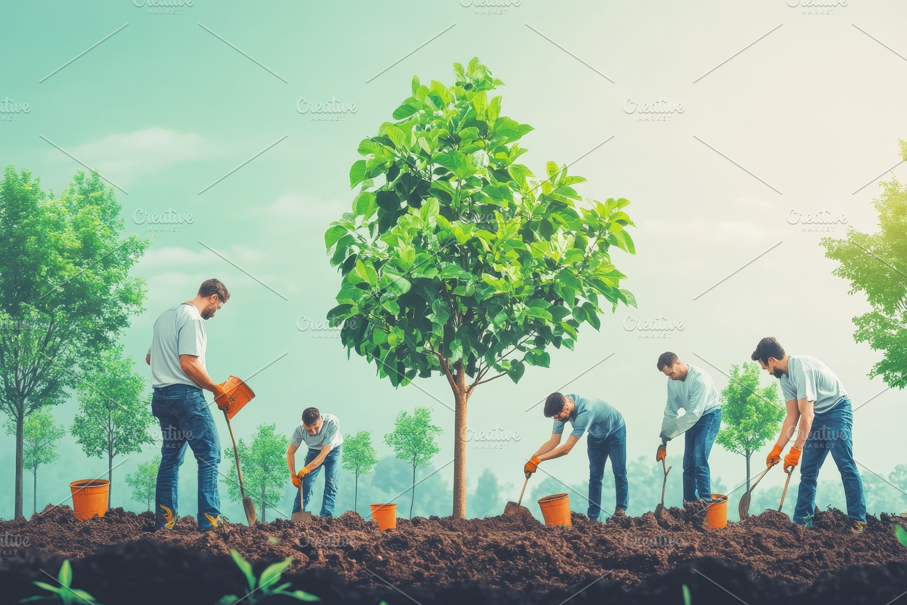 Men planting trees and watering them, a Photo by Pavel_design