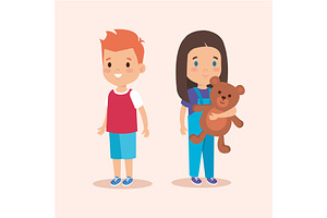 Girl And Boy With Teddy And Casual