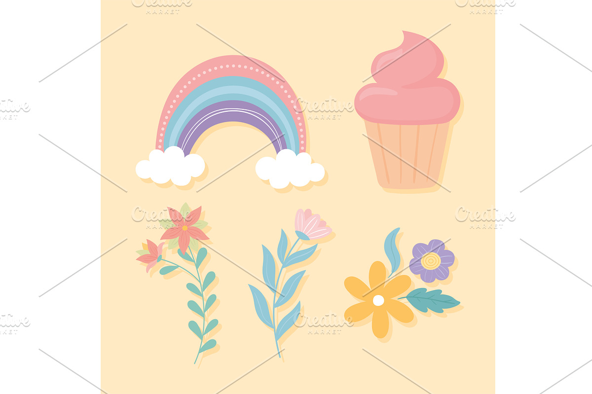 rainbow and flowers, an Object Illustration by studiogstock