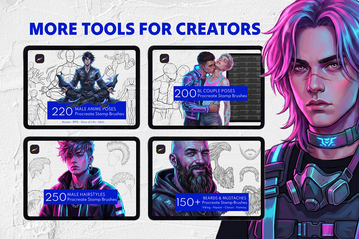 150+ Anime Male Head Procreate Stamp, a Brush Add-On by Selentaori Studio (Photo 11 of 11)