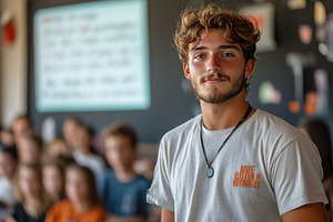 Young man smiles confidently in clas, a Photo by Tanuart