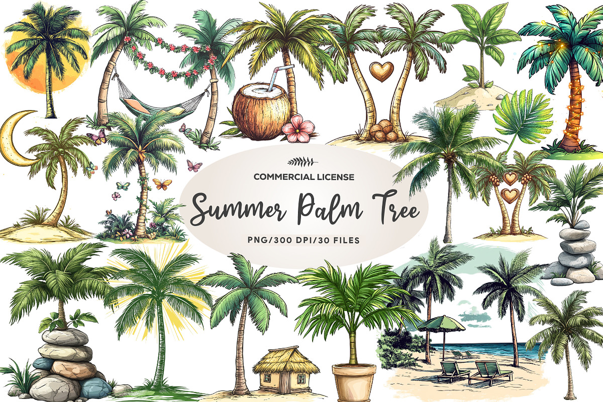 Summer Palm Tree Clipart, an Illustration by CreationArt (Photo 1 of 5)