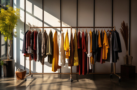 Fashionable clothes hanging on rack, a Photo by Iftikhar Alam