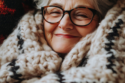 A smiling elderly woman wrapped in a cozy knitted blanket, with gray hair and g, a Person Photo by Textures & Backgrounds