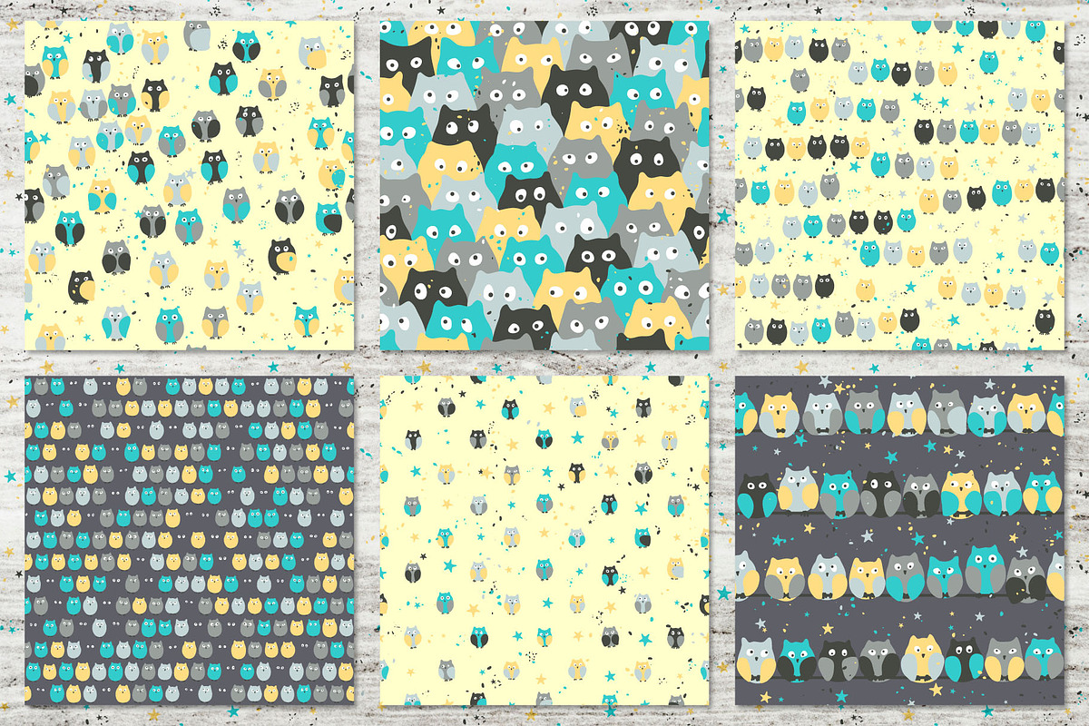 6 funny patterns with owls, a Pattern Graphic by pineart