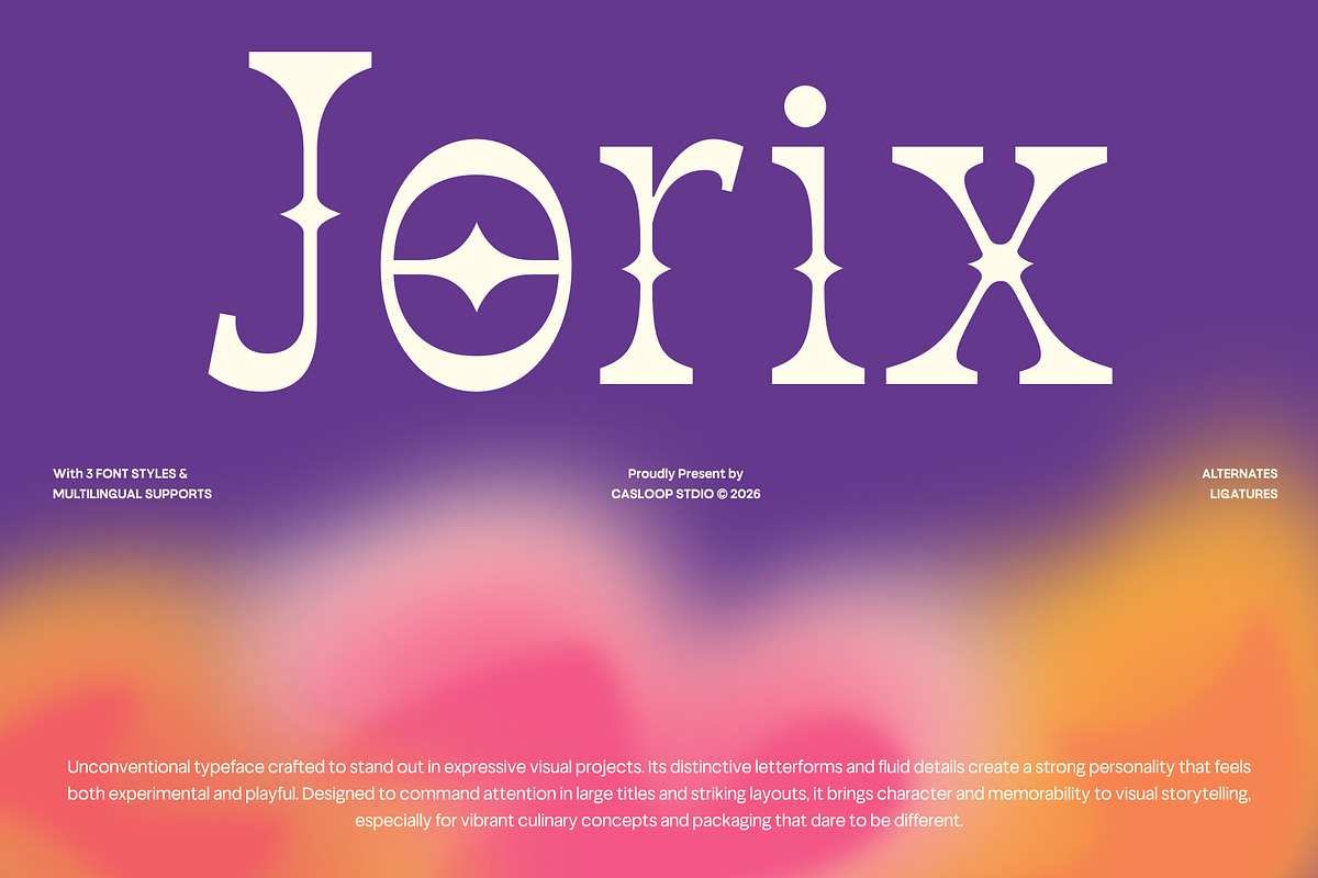 Jorix – Fluid Experimental Font, a Serif Font by Casloop Studio (Photo 1 of 10)