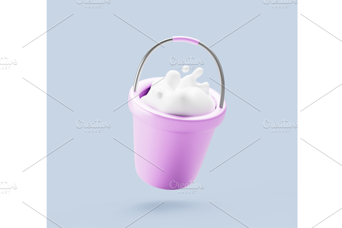 Pink bucket full of soap foam with, an Object Illustration by Marozhkastudio