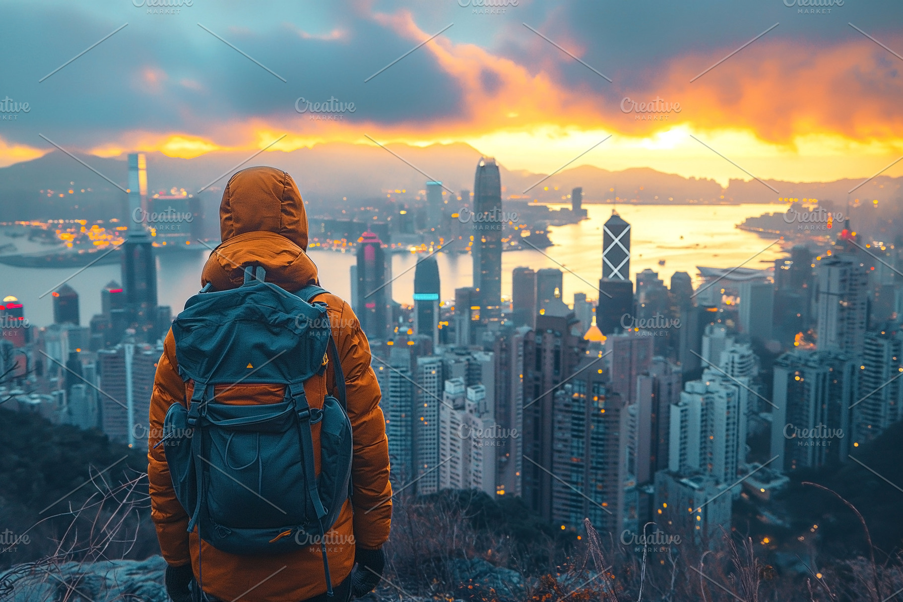 A solitary traveler, wearing an orange jacket and a backpack, ga, a Sports & Recreation Photo by ImageMir