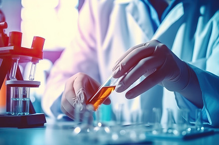 A person in a lab coat holding a flask of liquid created with Generative AI tec, a Health & Medical Photo by OSORIOartist