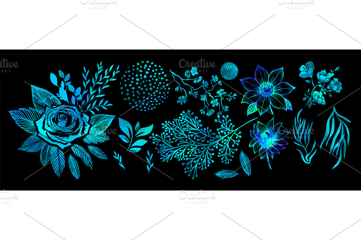 Set of neon flowers on a black, an Illustration by Nenahliadava Design
