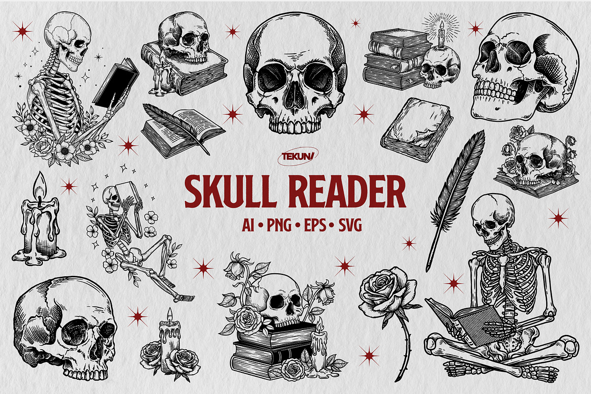 Skull Reader Illustration Bundle, an Illustration by Tekuni (Photo 1 of 13)