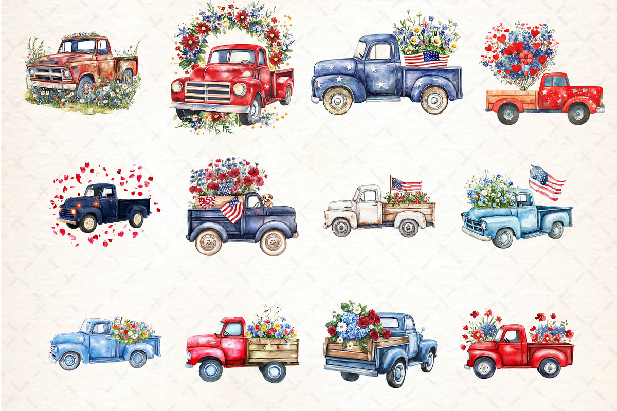 watercolor Floral Truck 4th of july, an Illustration by DreamCafeArt (Photo 2 of 5)