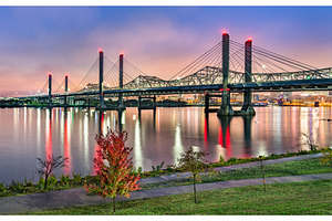 Bridges across the ohio river stock photo containing bridge and night, an Architecture Photo by Leonid Andronov