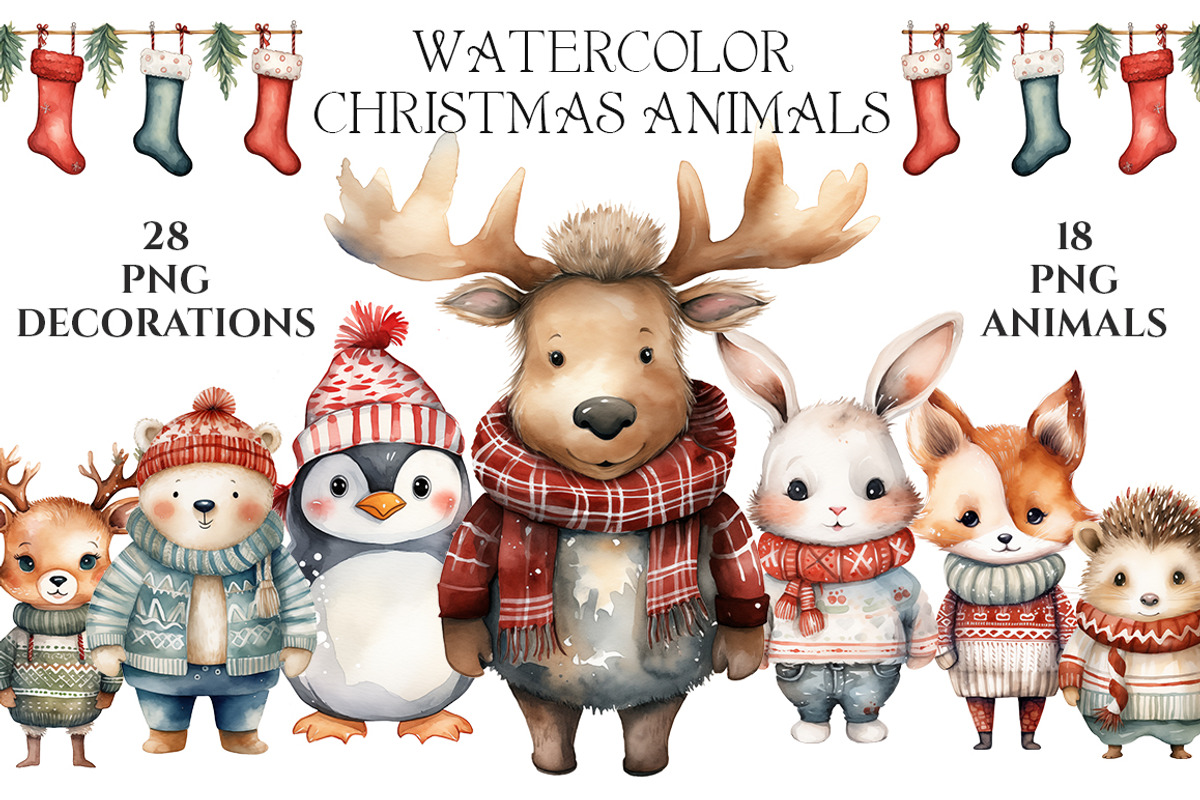 Watercolor Christmas Animals, an Animal Illustration by Evgeniia (Photo 1 of 5)