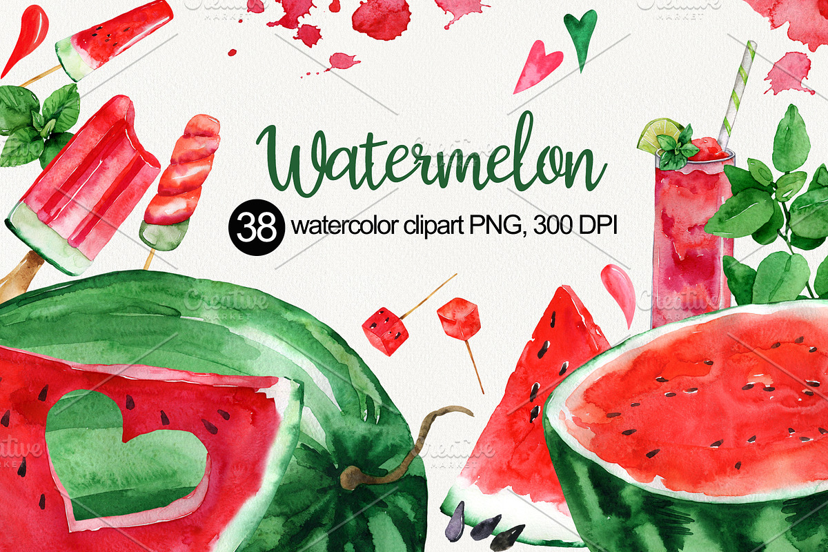 Watercolor Watermelon Cliparts, a Food Illustration by TanyaOak (Photo 1 of 4)