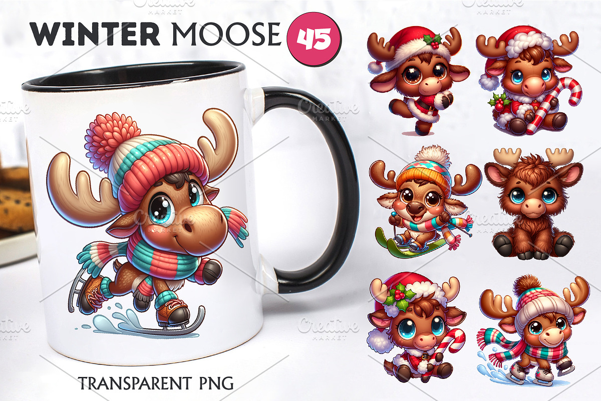 Cute Christmas moose. T-Shirt, PNG., an Animal Illustration by KENO Mascots (Photo 4 of 8)