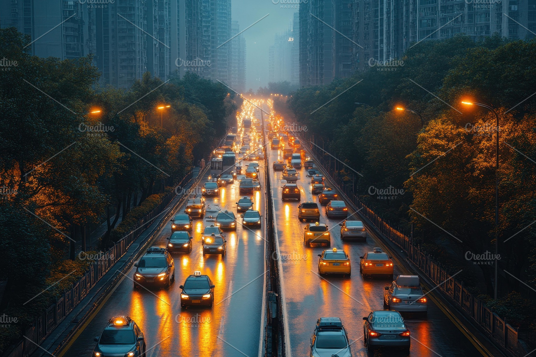 Evening traffic during rain on a bus, a Photo by Tanuart