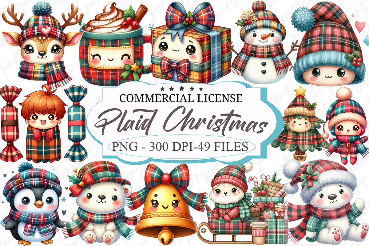 Kawaii Plaid Christmas Clipart, an Illustration by designcity5 (Photo 1 of 5)