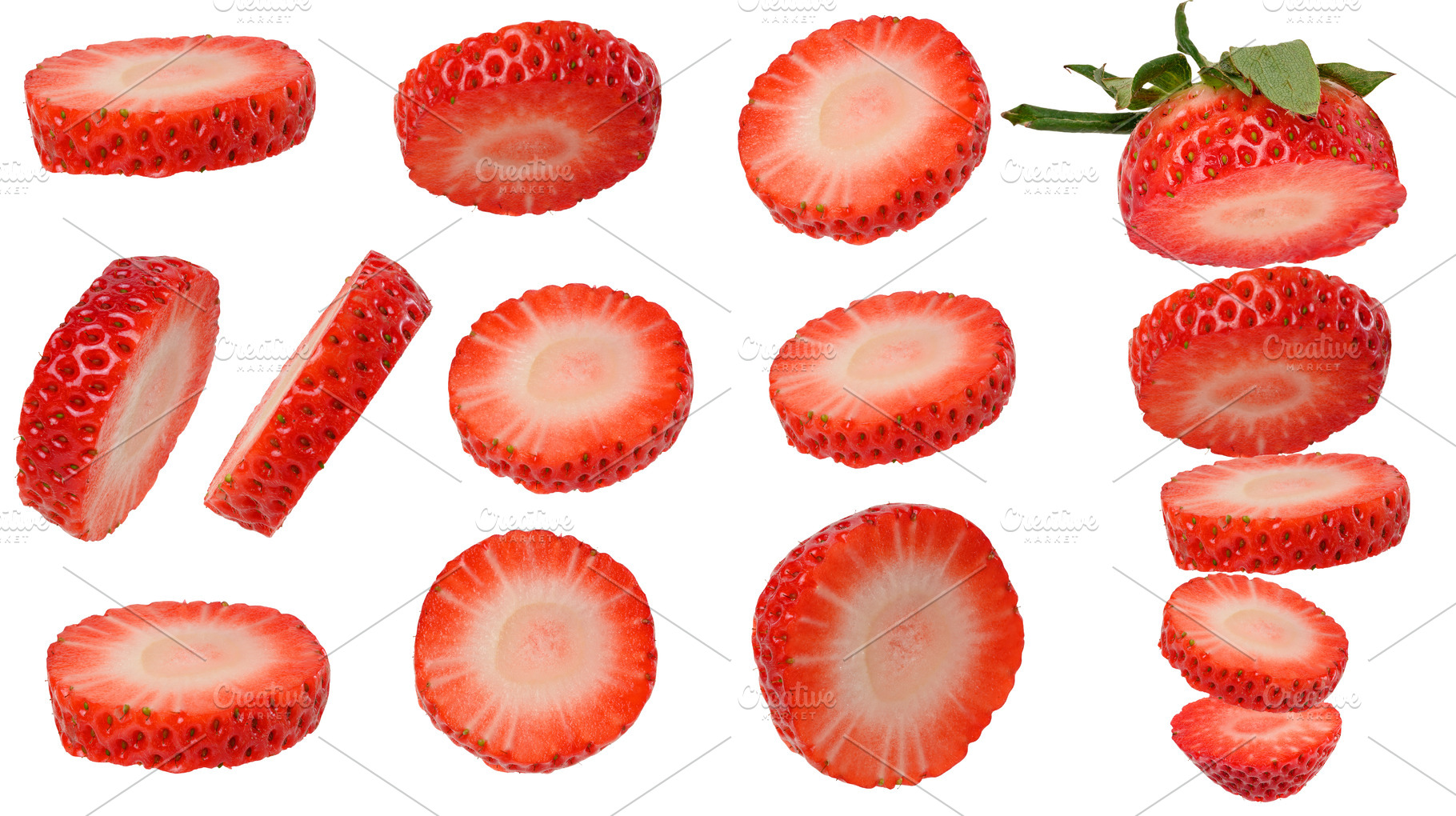 A varied set of thin round slices and cuts of ripe red strawberr, a Photo by ndanko