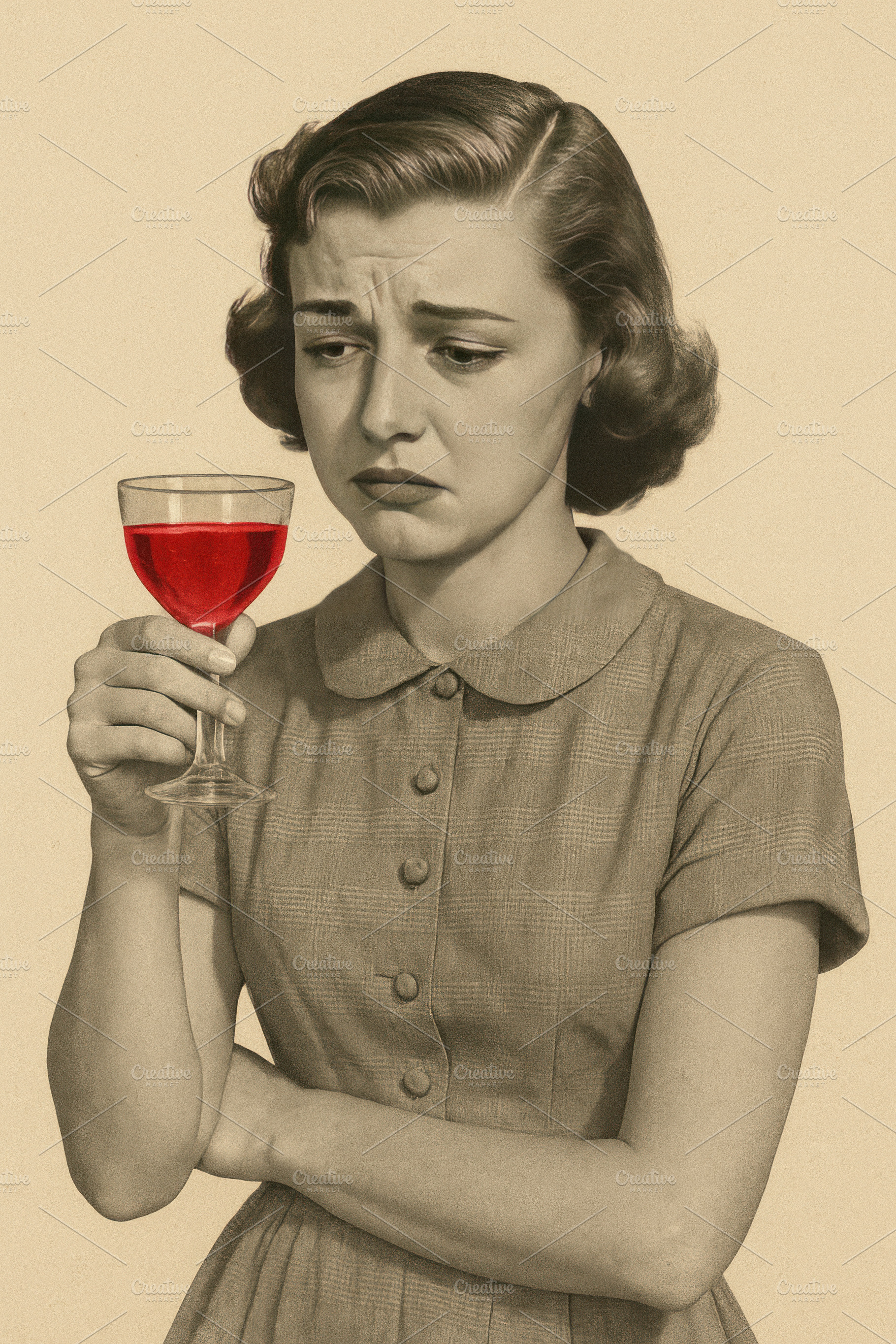retro woman with red drink glass, generative AI, a Photo by Nito