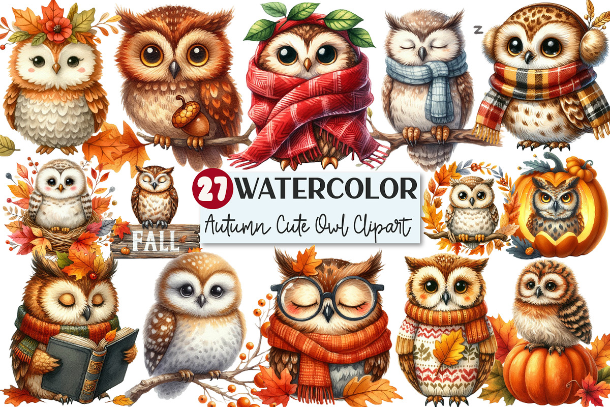 Watercolor Autumn Owl Clipart, an Illustration by Rose Art (Photo 1 of 4)