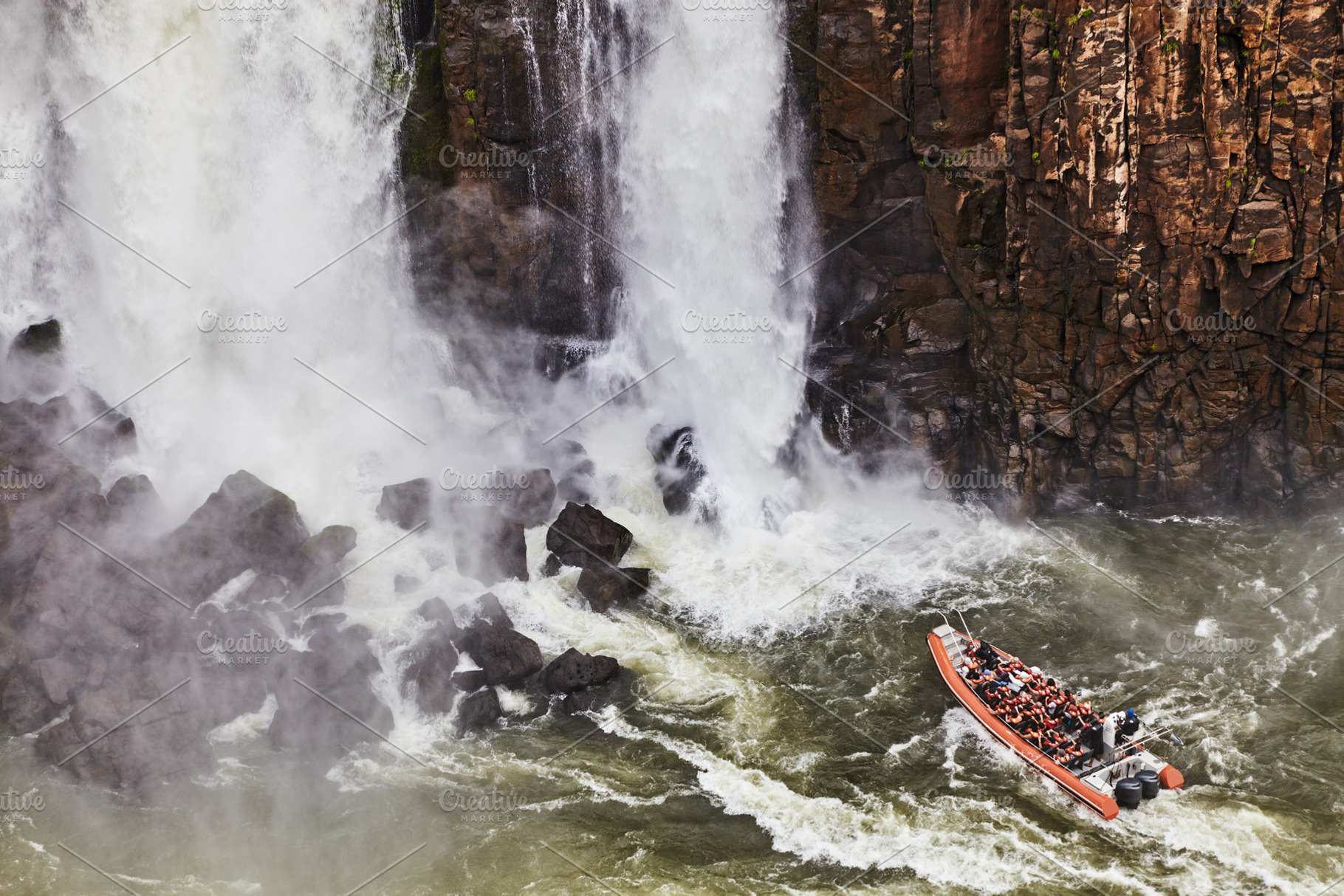 Tourist speed boat at Iguazu Falls, a Nature Photo by Shop Name