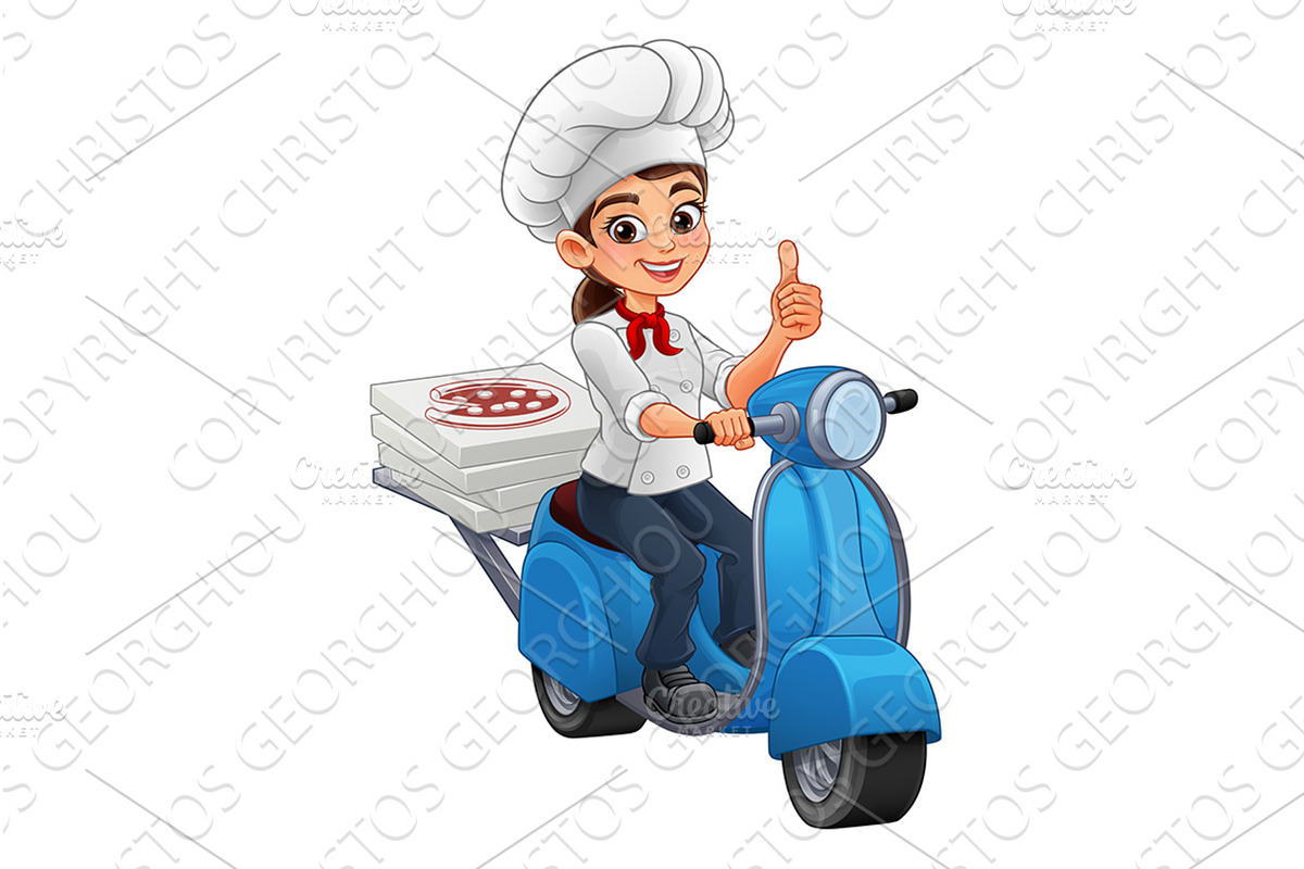 Female Woman Chef Pizza Delivery, a Food Illustration by Christos Georghiou