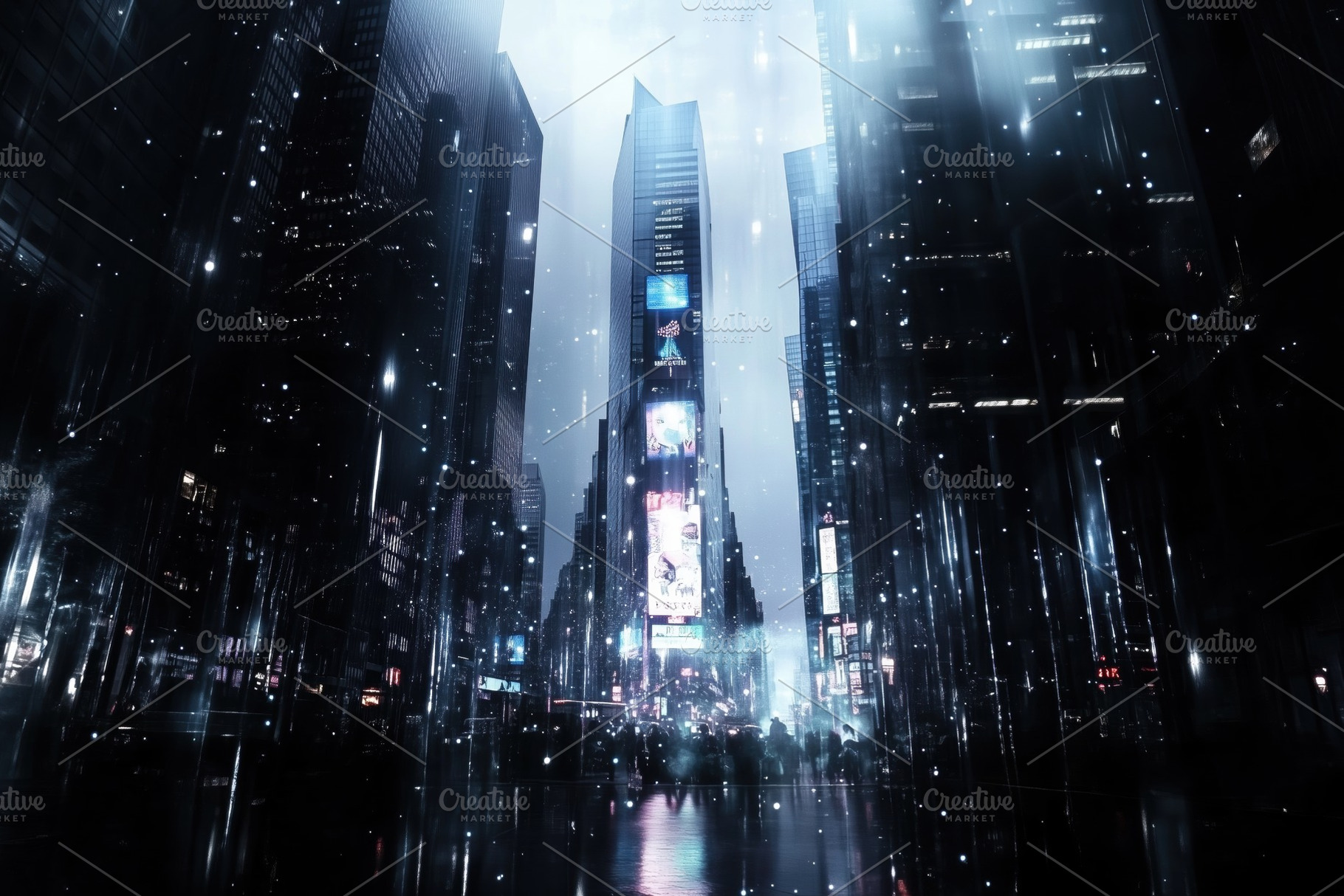 A futuristic cityscape at night, featuring tall skyscrapers with bright ...