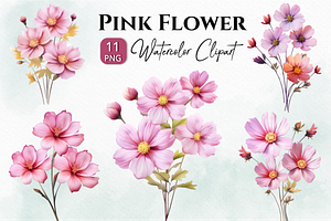 Pink Wild Flowers Watercolor Clipart