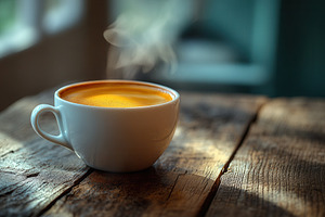 Warm coffee cup resting on a rustic, a Photo by Tanuart