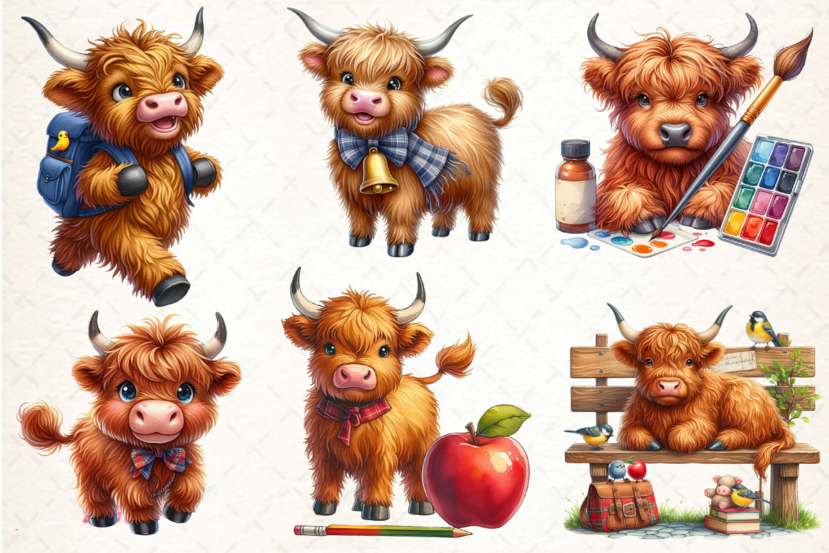 Back to School Highland Cow Clipart, an Illustration by DreamCafeArt (Photo 2 of 5)
