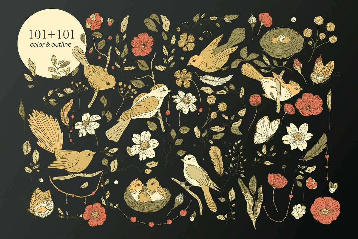 Birds and Flowers Floral Bundle., a Decorative Illustration by Red Ink (Photo 4 of 10)