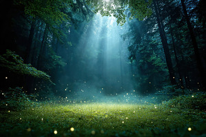 Mystical forest with sunlight and glowing particles, a Nature Photo by AlyaAnd