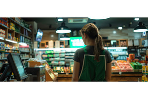 Female Store Clerk at Grocery, a Food & Drink Photo by piter.goskov