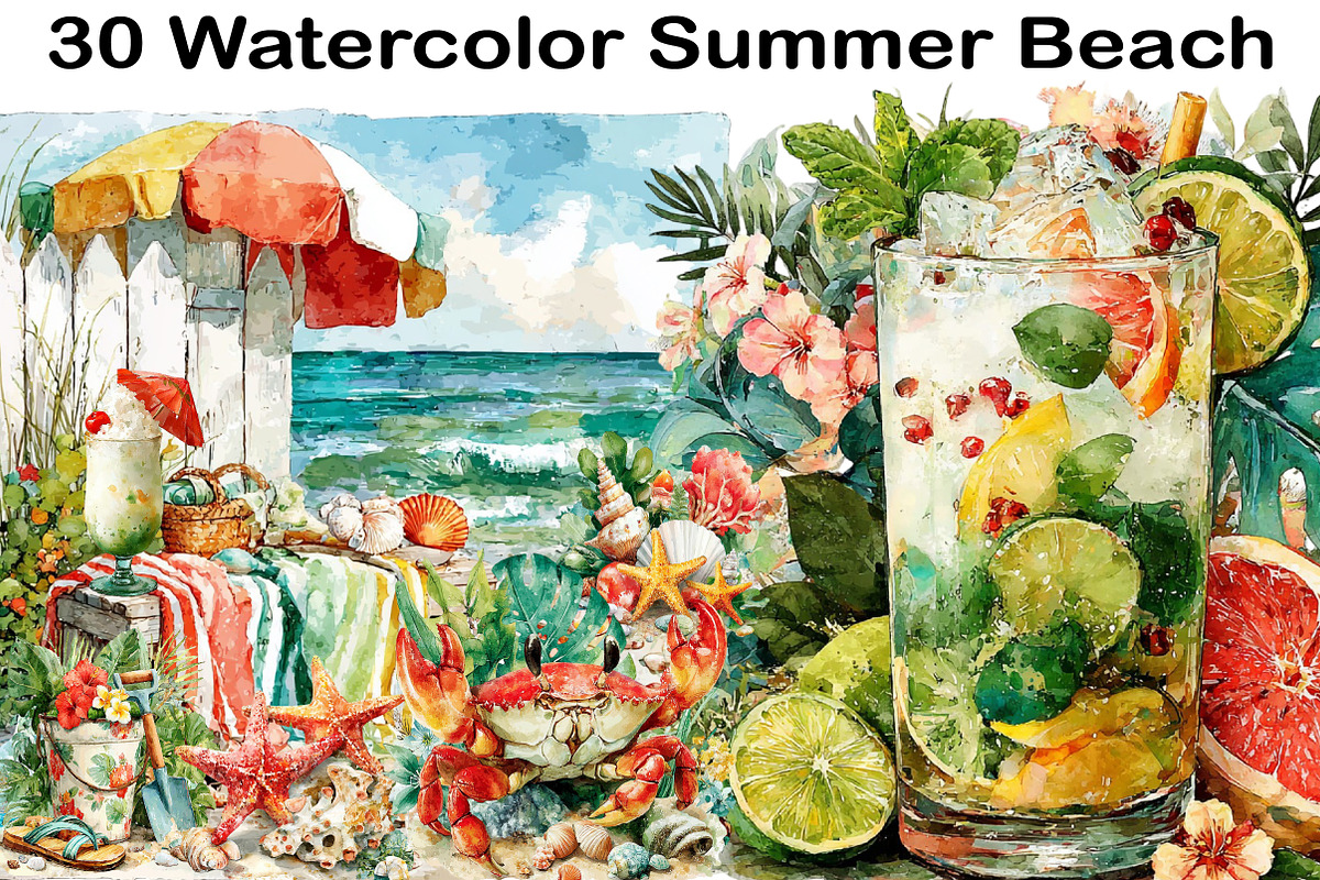 Watercolor Summer Beach Clipart, an Illustration by Black Bird Studio (Photo 1 of 5)