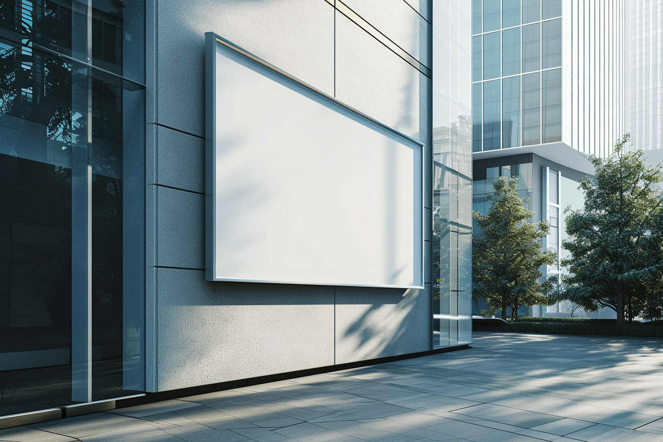 Sign Board Mockup on Building Wall, an Object Illustration by shahsoft