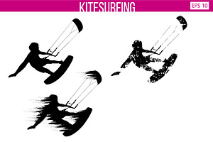 Silhouettes of a kitesurfer. Set