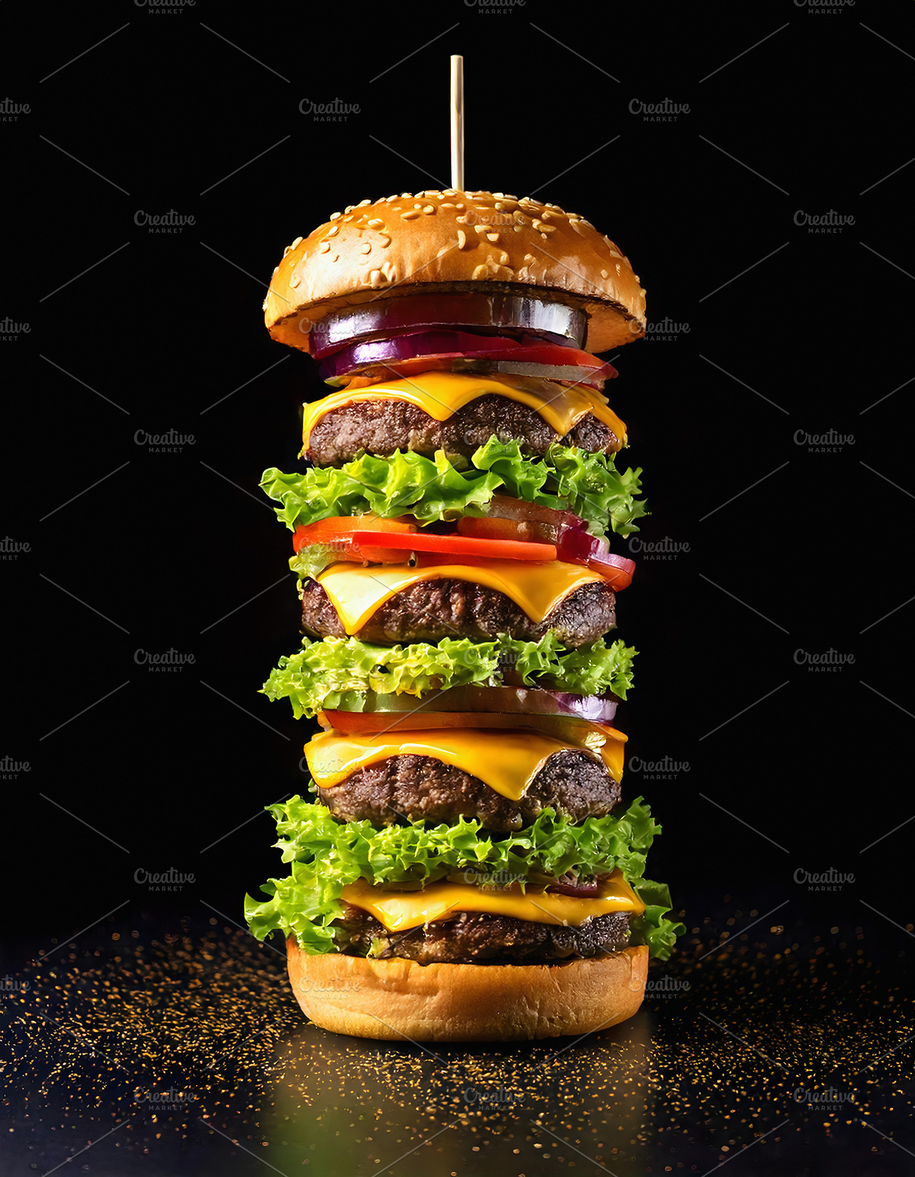Giant hamburger with melted cheddar cheese overflowing layers, a Food & Drink Photo by GoodGoods