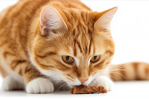 Ginger cat eats a piece of meat, an Animal Photo by MistyDay