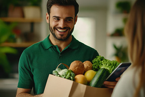 Smiling man presents fresh groceries, a Photo by Beautiful things