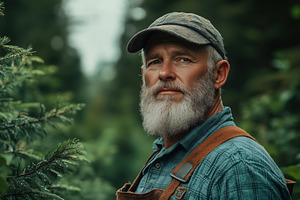 A mature forester man with a beard wearing a cap and overalls stands among lush, a Person Photo by Textures & Backgrounds