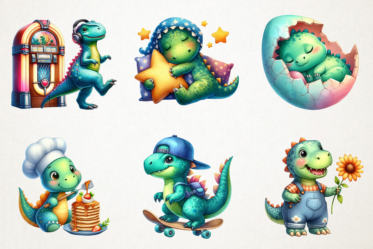 Kawaii Dinosaurs Watercolor Clipart, an Illustration by RobertsArt (Photo 3 of 7)