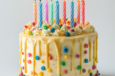 Colorful birthday cake with candles, a Background Photo by Pixeness